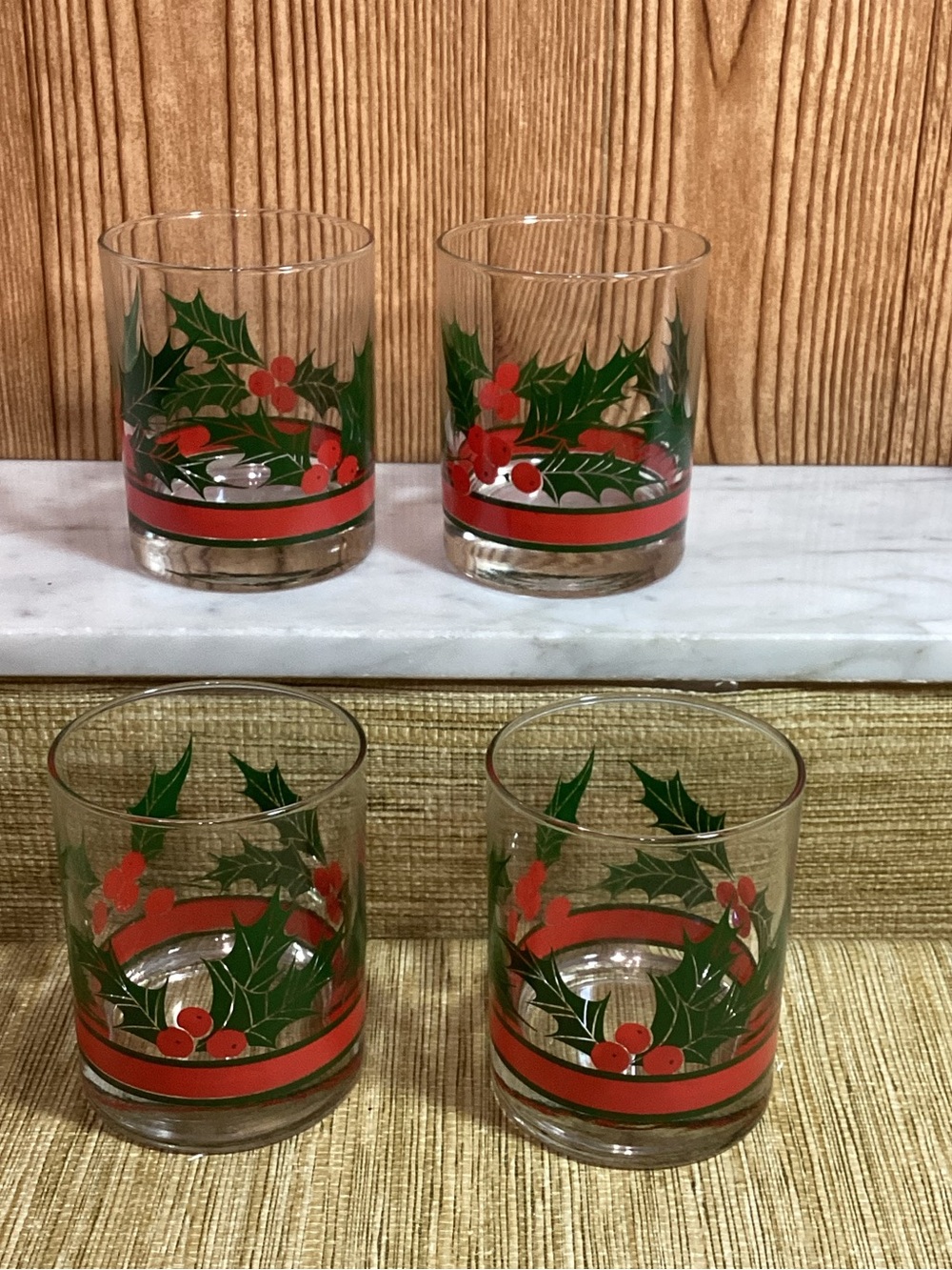 Vintage Libbey Holiday Holly Rocks Glasses - Set of 4, Red & Green